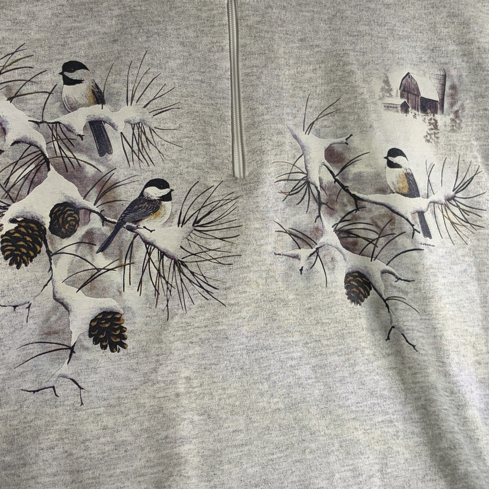 Vintage Chickadee Winter Farm Barn Pinecone 1/4 Zip Sweatshirt Womens Sz M - Picture 2 of 8
